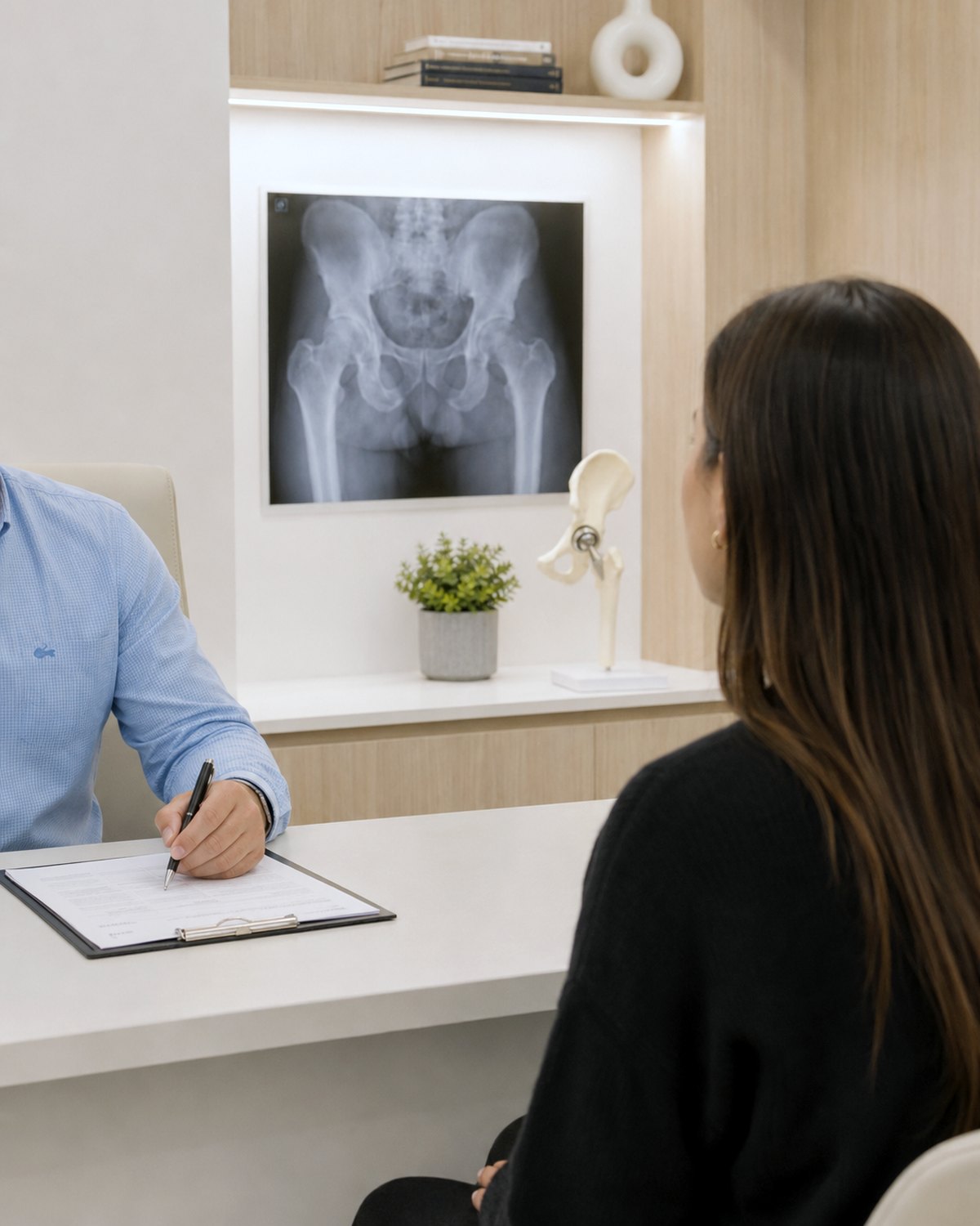 Imagem ilustrativa: Dr. Bruno Campagnoli em consulta, com a radiografia da bacia exibida no consultório