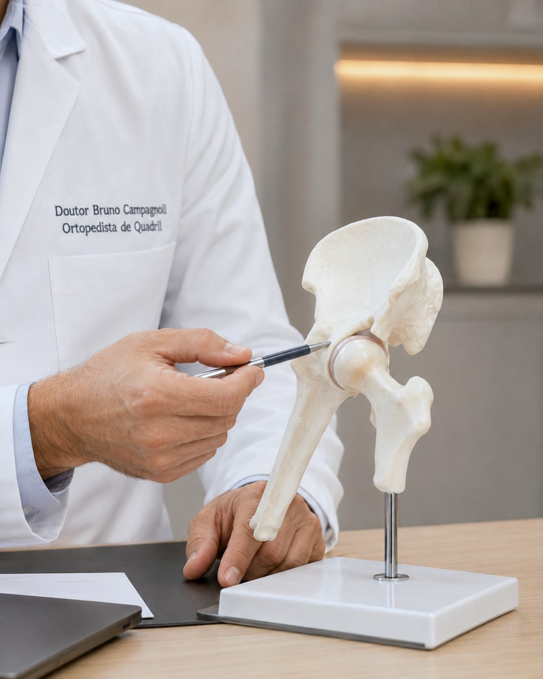 Dr. Bruno Campagnoli apontando um modelo anatômico do quadril no consultório